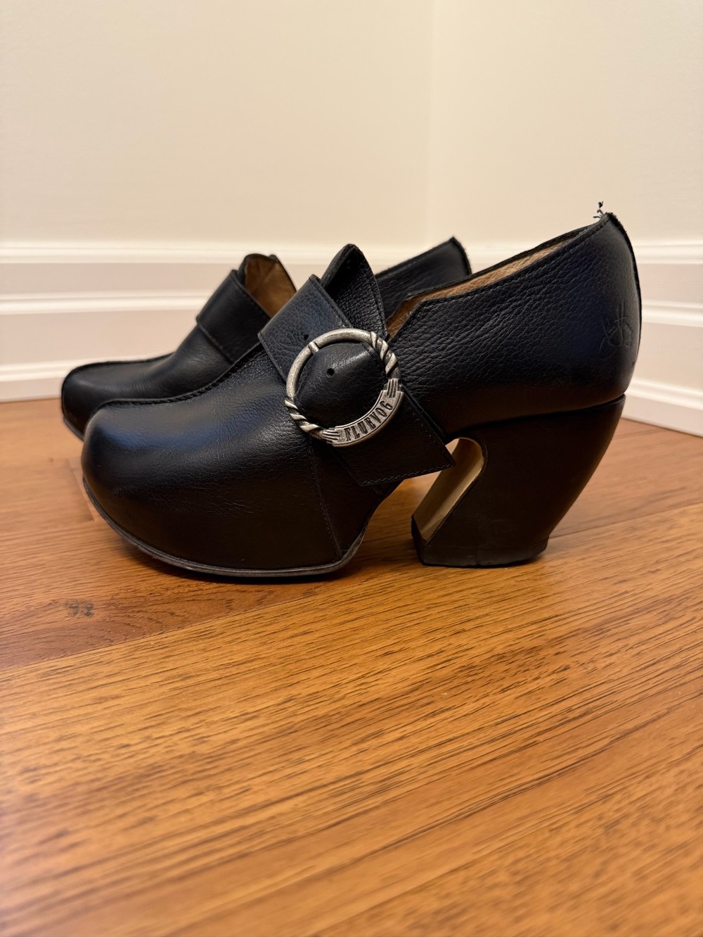 John Fluevog Black Leather Buckle Clog Heels
